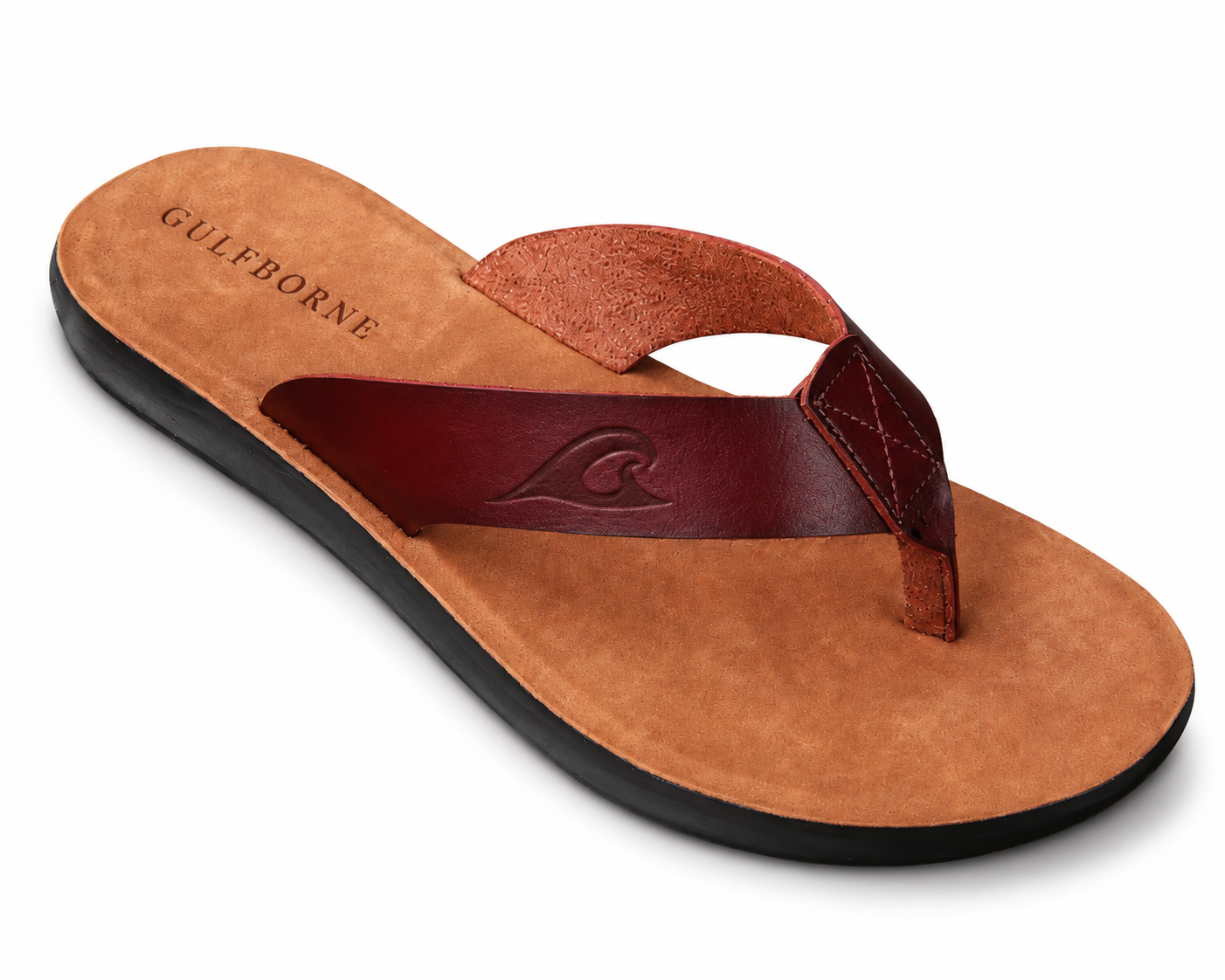 Gulfborne Jubilee sandal showing its oxblood strap and embossed current mark